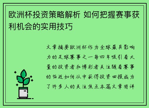 欧洲杯投资策略解析 如何把握赛事获利机会的实用技巧 欧洲杯投资策略解析 如何把握赛事获利机会的实用技巧