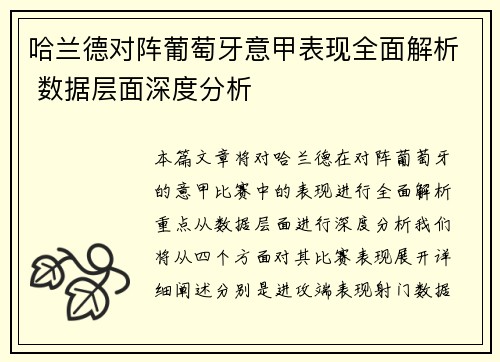 哈兰德对阵葡萄牙意甲表现全面解析 数据层面深度分析